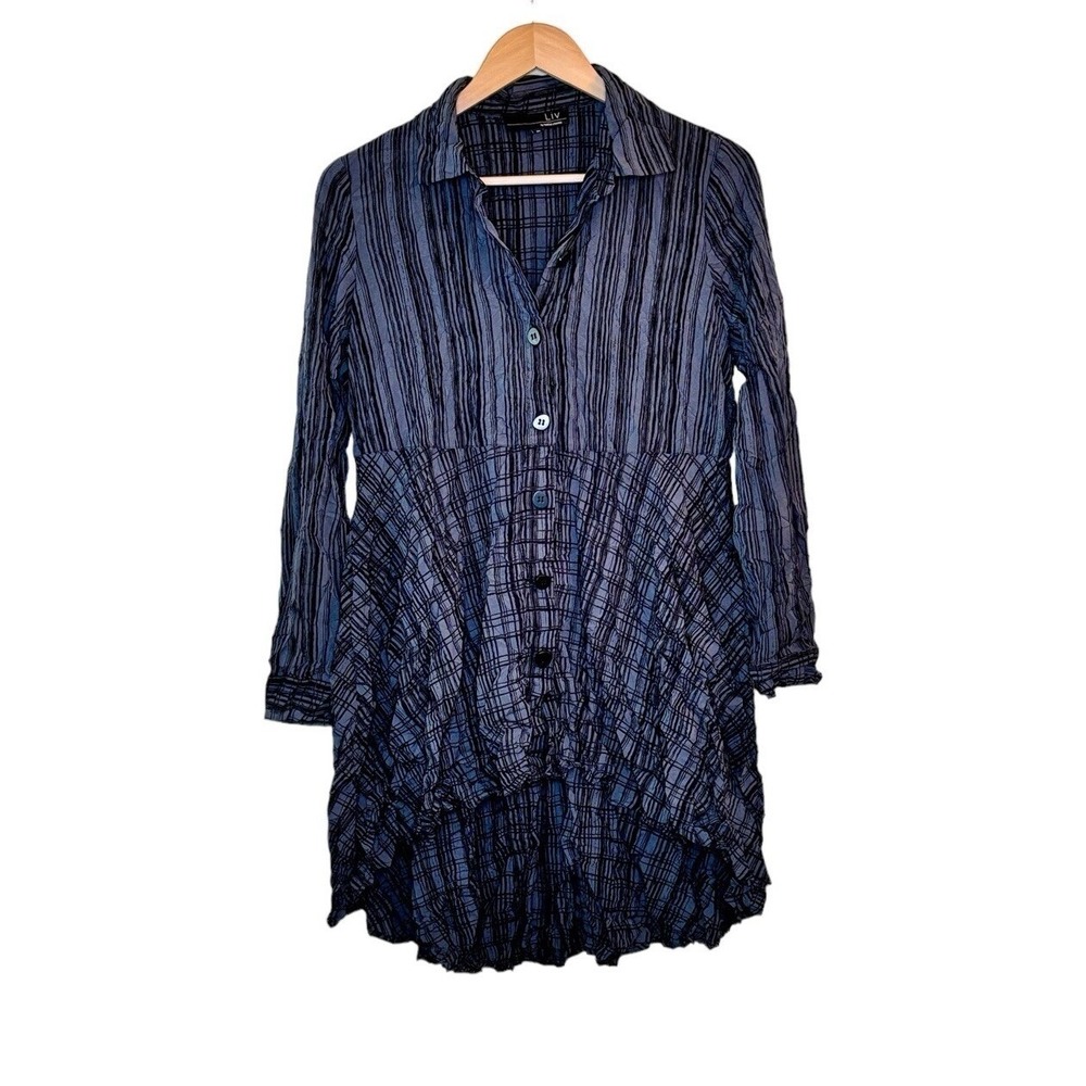 Liv by Habitat Striped Button Up Tunic Top Womens XS Crinkle Lagenlook Artsy